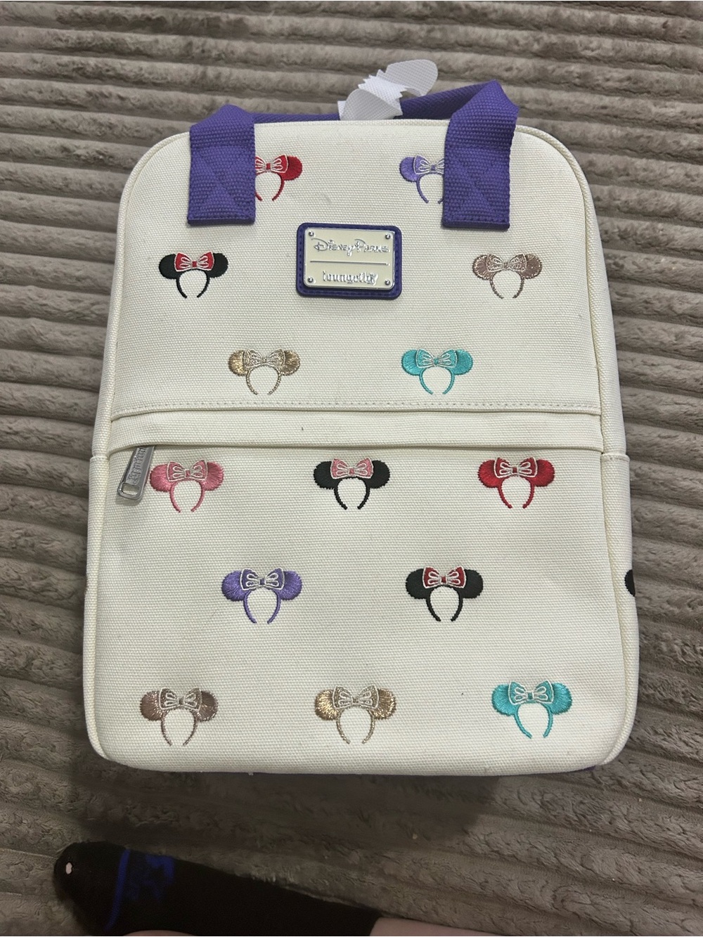 Loungefly Cream Mini Backpack with Purple Handles and Multicolor Minnie Icons - Picture 5 of 6